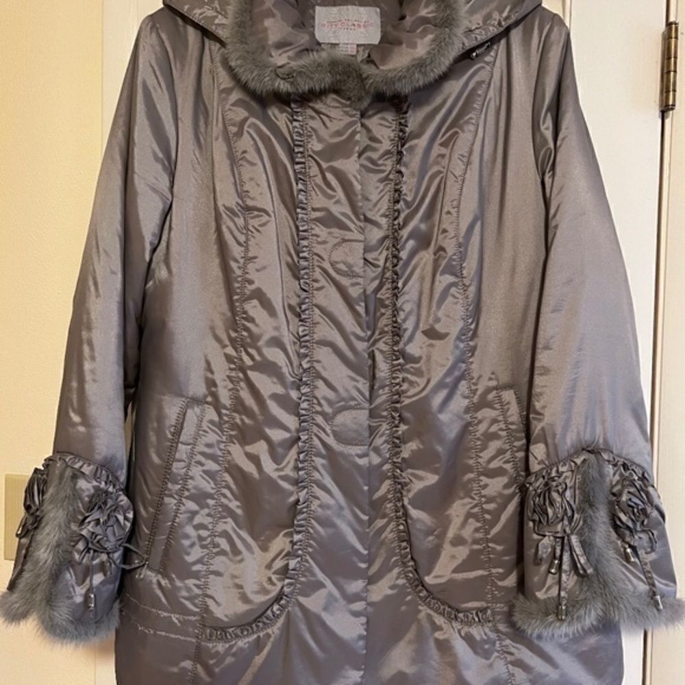 WINTER WOMAN HOODED WATER RESISTANT SILVER GREY GENUINE MINK FLORAL